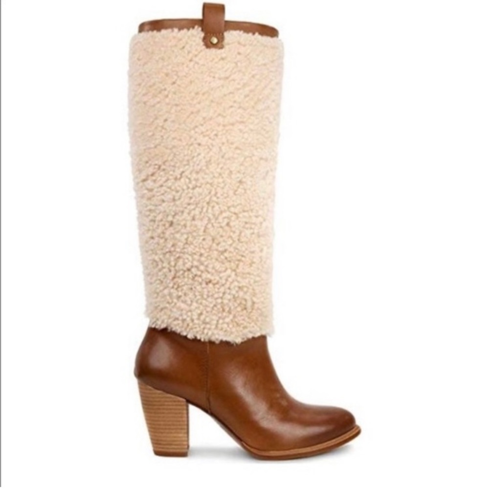 UGG Tan Leather and Cream Shearling Heeled Boots NWT.